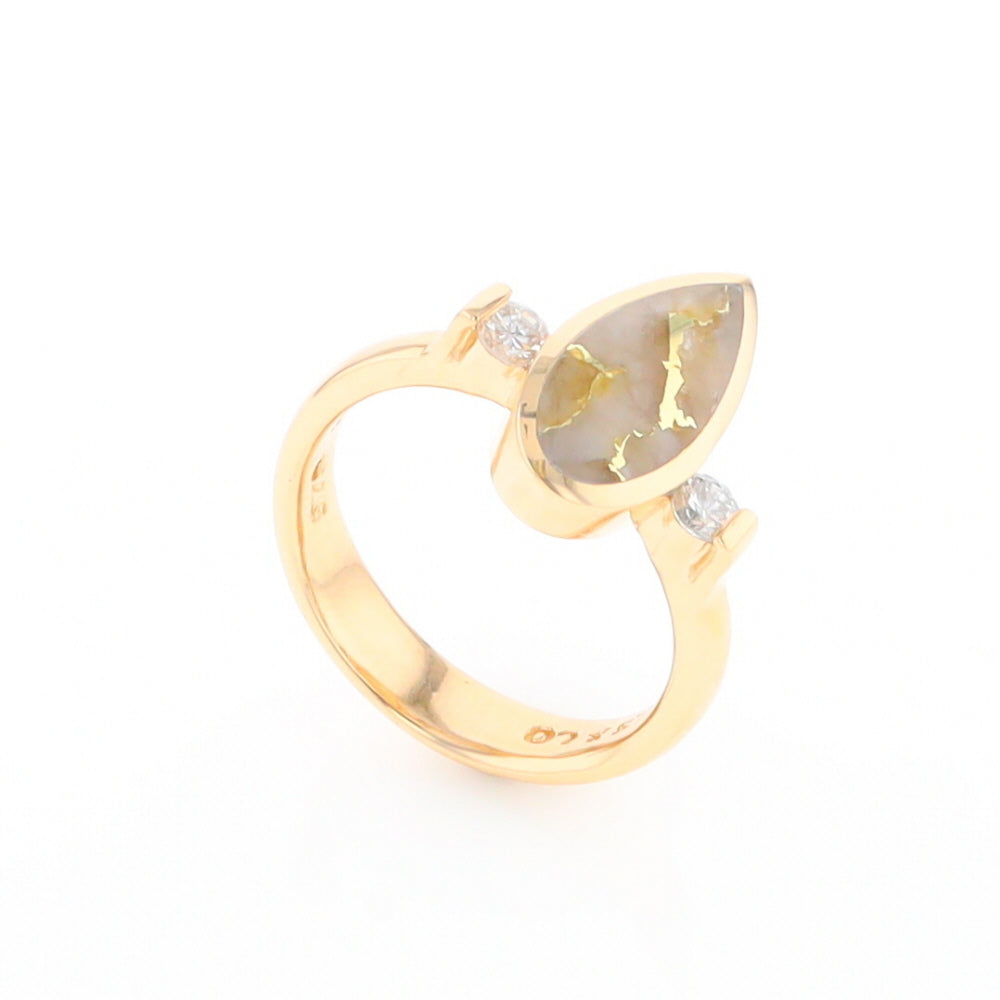 Gold Quartz Ring Pear Shape Inlaid with .18ctw Round Diamonds