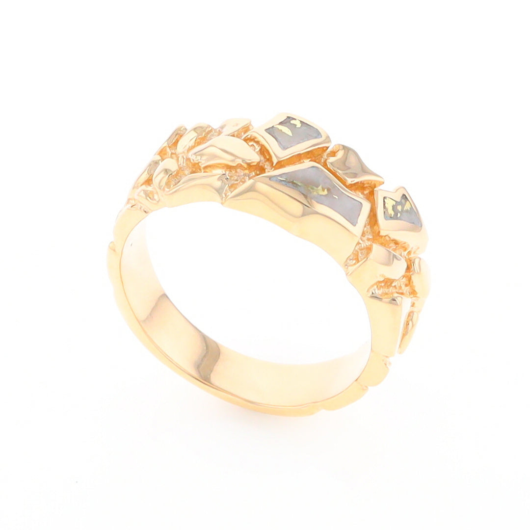 Gold Quartz Ring 3 Section Inlaid Nugget Design Band