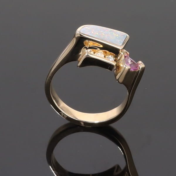Opal Rings Geometric Inlaid with Pink Sapphire and .08ctw Diamonds