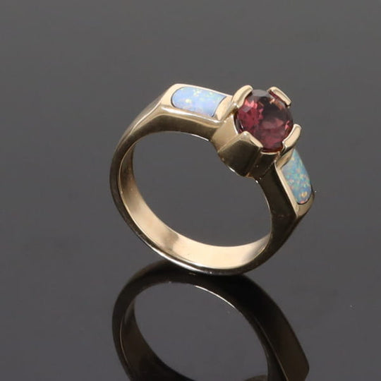 Opal Rings 2 Section Inlaid Design with Oval Pink Tourmaline