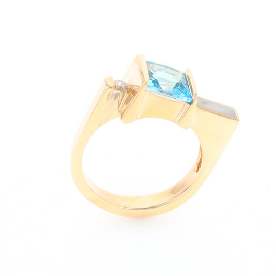 Gold Quartz Ring Rectangle Inlay Swiss Blue Topaz .06ct Round Diamond