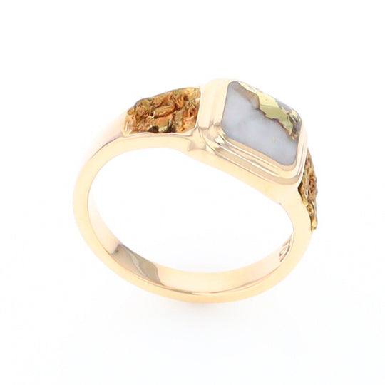 Gold Quartz Ring Square Inlaid Design Double Natural Nugget Sides