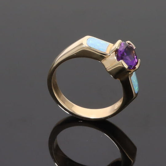 Opal Rings 2 Section Inlaid Design with Oval Amethyst Center