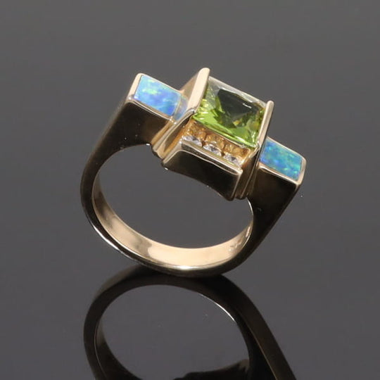 Opal Rings 2 Square Inlaid Peridot with 0.24ctw Diamonds