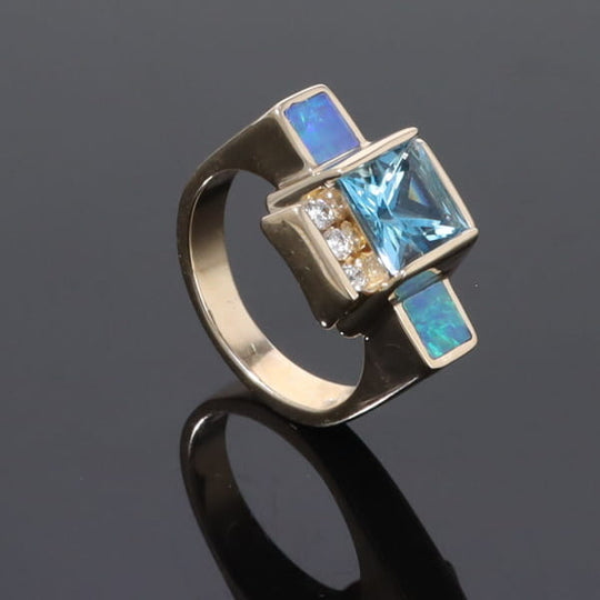Opal Rings Inlaid Sides Swiss Blue Topaz Center with .24ctw Diamonds