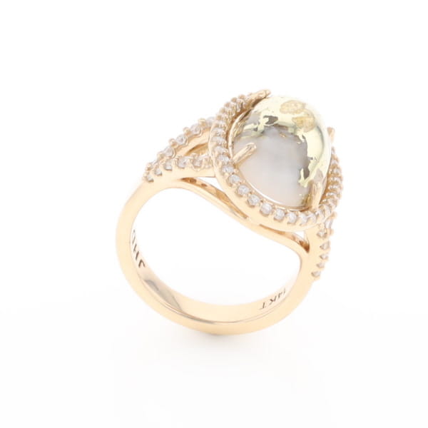 Gold Quartz Ring Oval Cabochon 0.65ctw Round Diamonds Halo