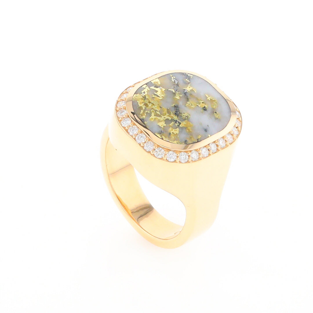 Gold Quartz Cushion Inlaid Men's Ring with Diamond Halo