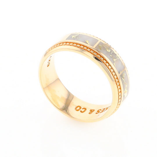 Gold Quartz Ring 3 Section Rectangle Inlaid Milgrain Border Band