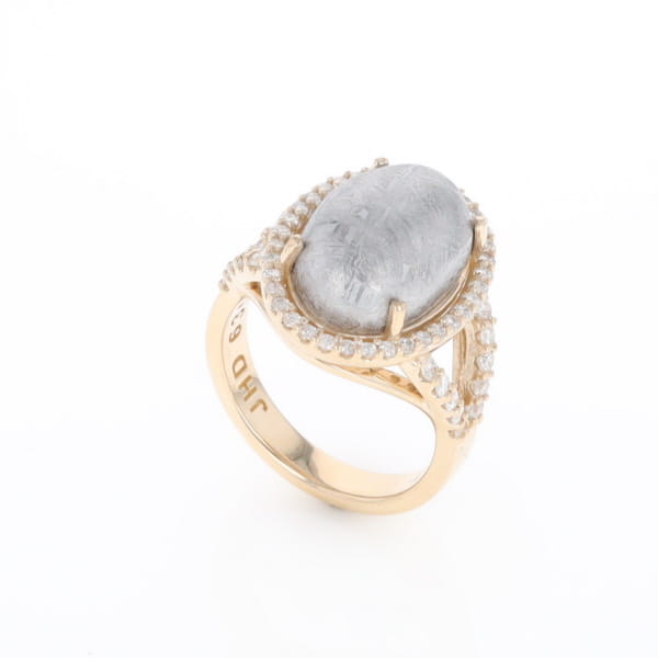 Meteorite Ring Oval Cabochon 0.65ctw Round Diamonds Halo