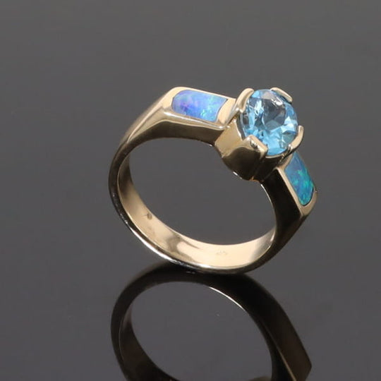 Opal Rings 2 Section Inlaid Design with Oval Swiss Blue Topaz Center