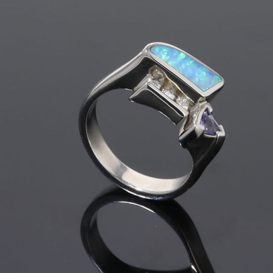 Opal Rings Geometric Inlaid Design with Tanzanite and .08ctw Diamonds