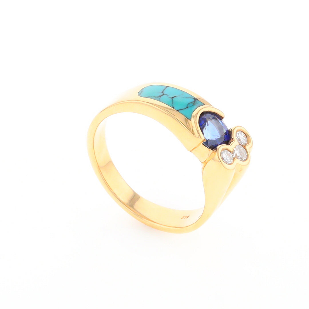 Turquoise Inlaid Ring with Sapphire and 0.23ctw Diamonds