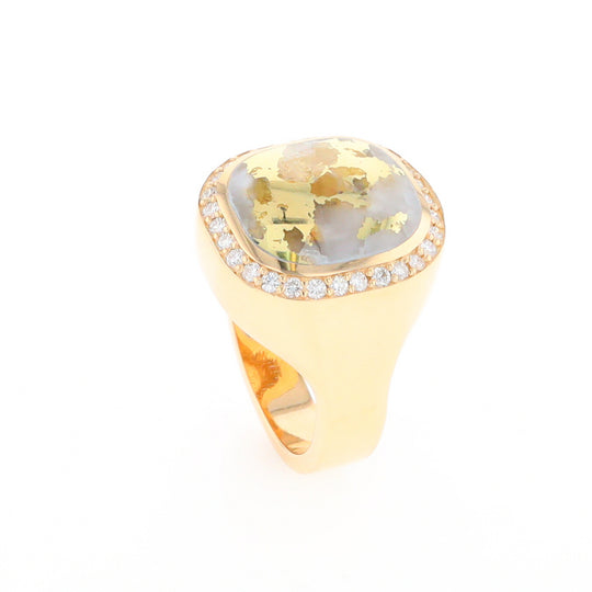 Gold Quartz Cushion Inlaid Men's Ring with Diamond Halo