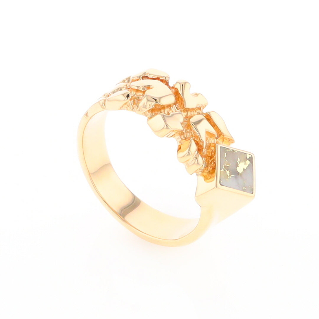 Gold Quartz Ring Diamond Shape Inlay Nugget Design Band