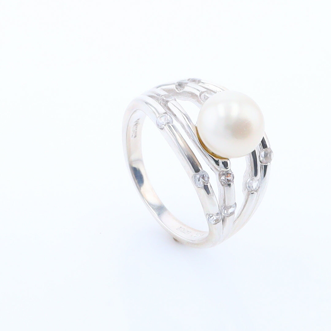 Pearl Bamboo Ring with Cubic Zirconia Accents