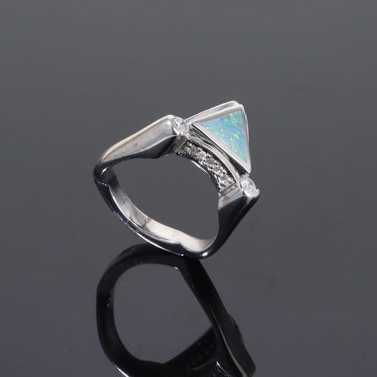 Opal Rings Triangle Inlaid Design with .31ctw Round Diamonds