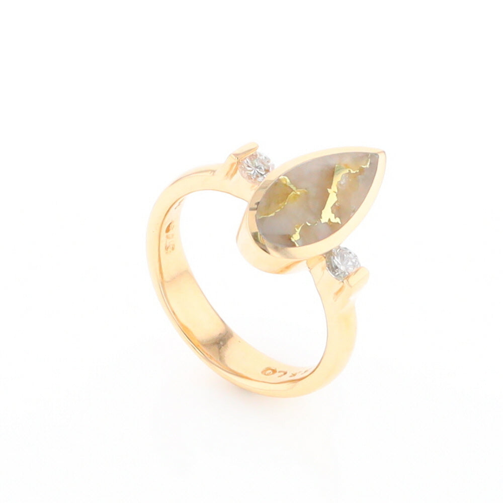 Gold Quartz Ring Pear Shape Inlaid with .18ctw Round Diamonds