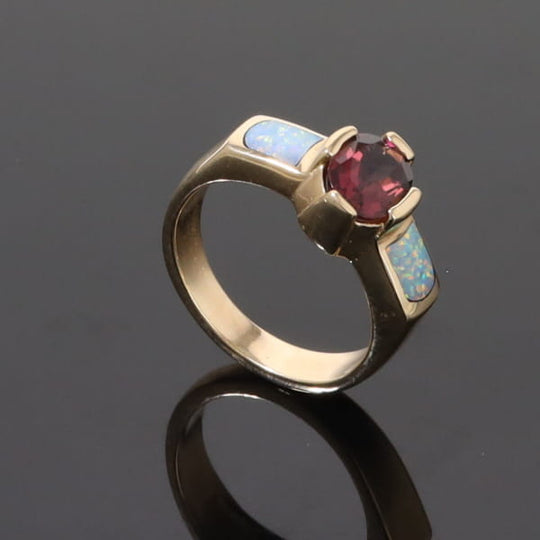 Opal Rings 2 Section Inlaid Design with Oval Pink Tourmaline