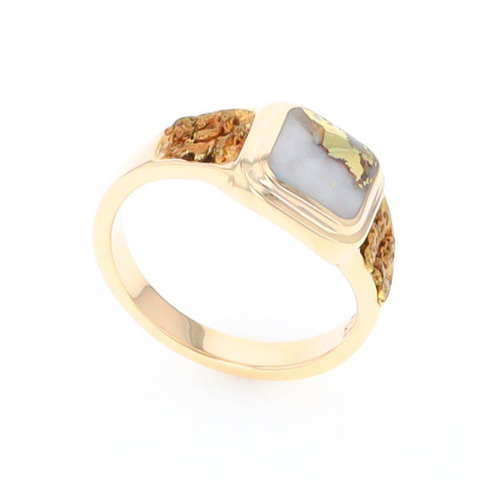 Gold Quartz Ring Square Inlaid Design Double Natural Nugget Sides