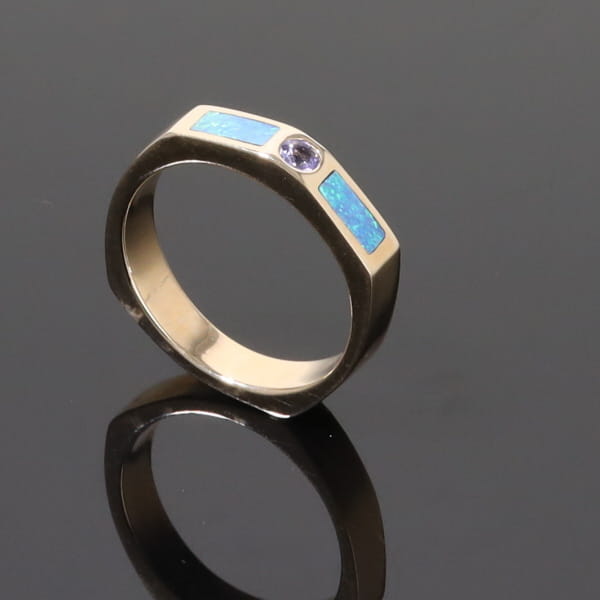 Opal Rings 2 Section Inlaid Design with Round Tanzanite