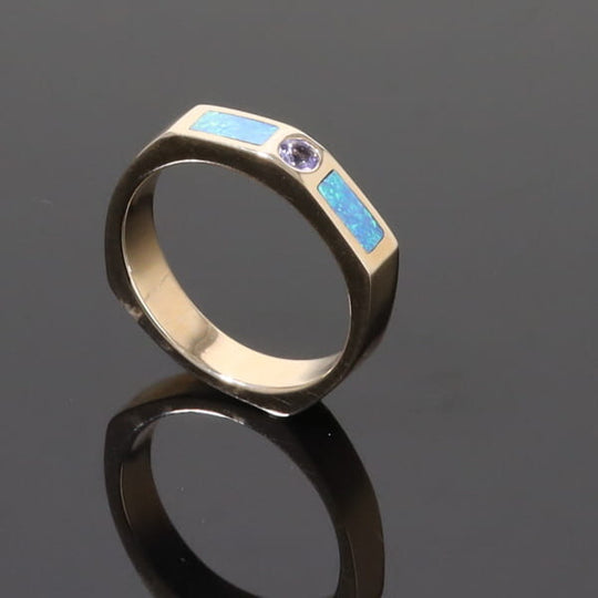 Opal Rings 2 Section Inlaid Design with Round Tanzanite