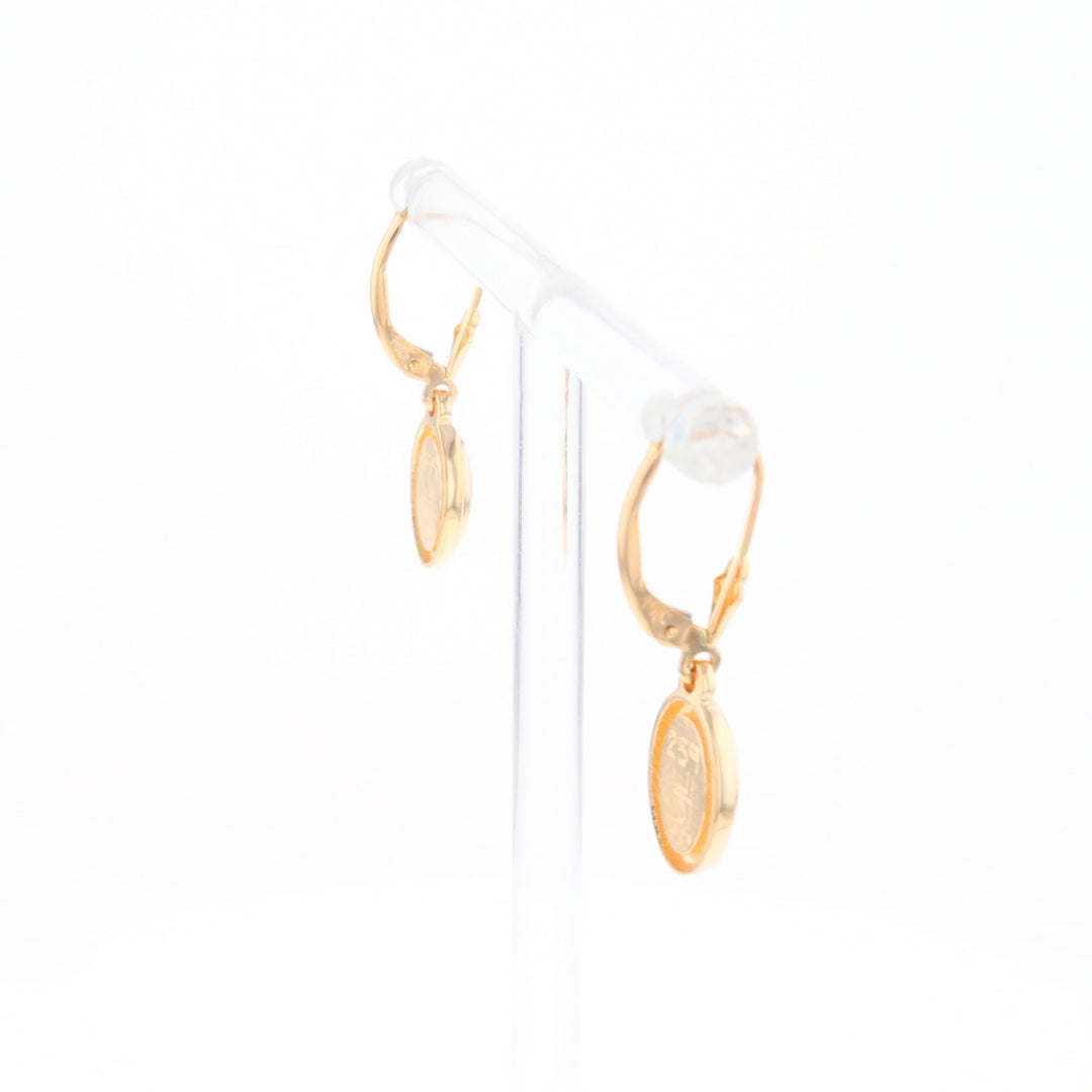 Gold Quartz Earrings Oval Inlaid Design Lever Backs - G2