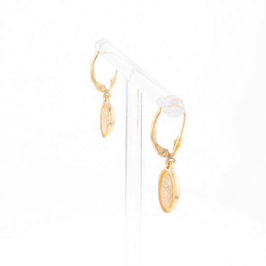 Gold Quartz Earrings Oval Inlaid Design Lever Backs - G2