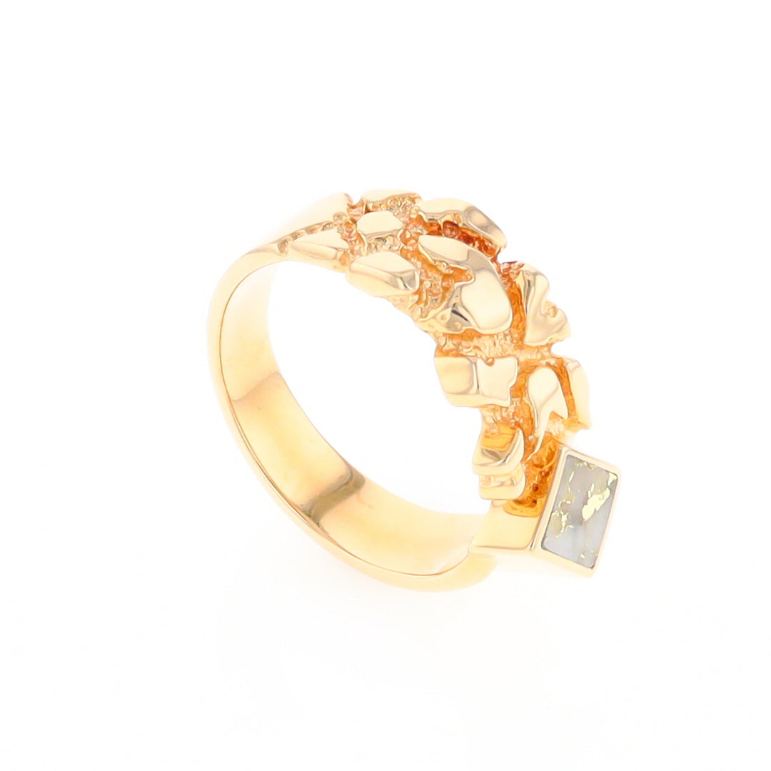 Gold Quartz Ring Diamond Shape Inlay Nugget Design Band