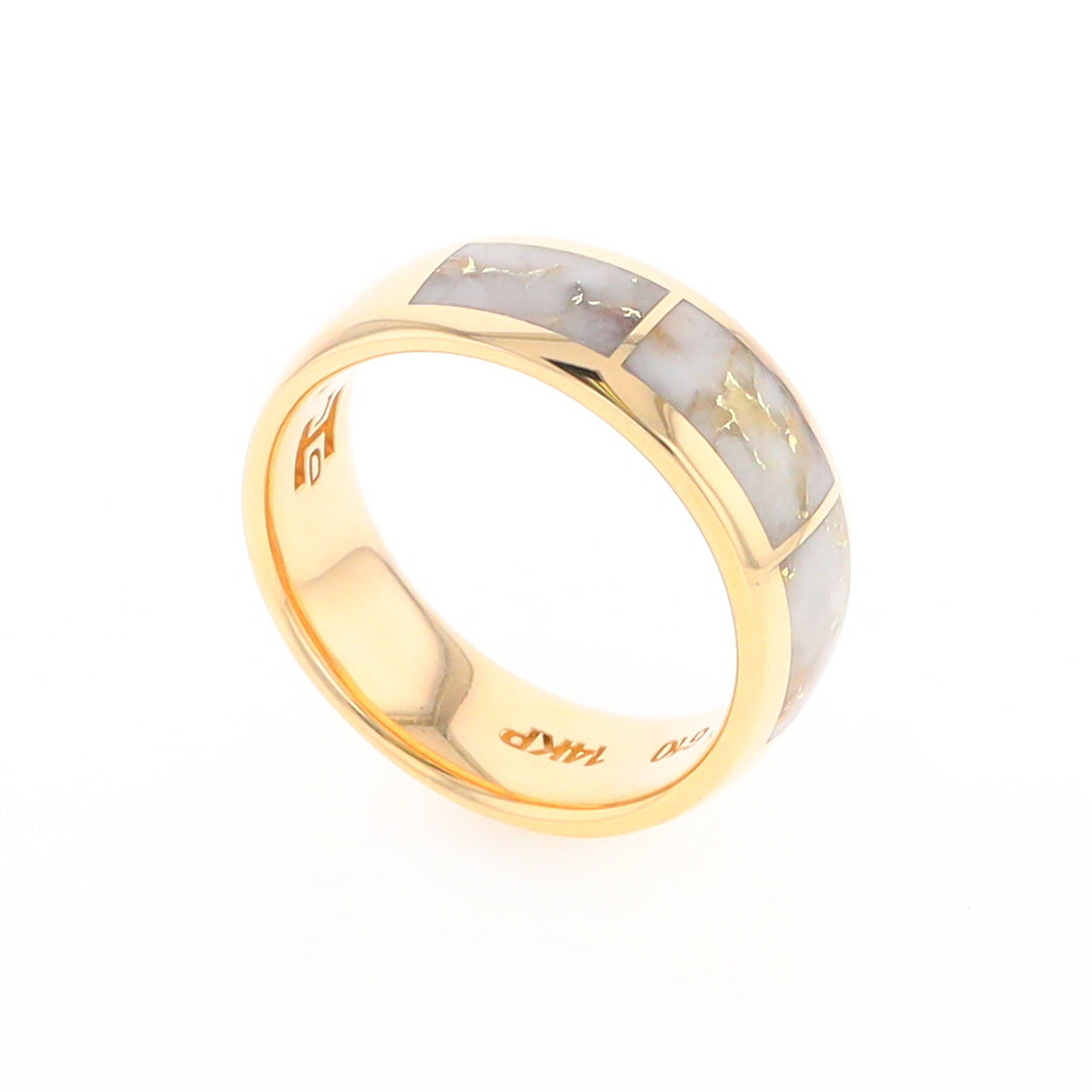 Gold Quartz Ring 3 Section Rectangle Inlaid Design Band