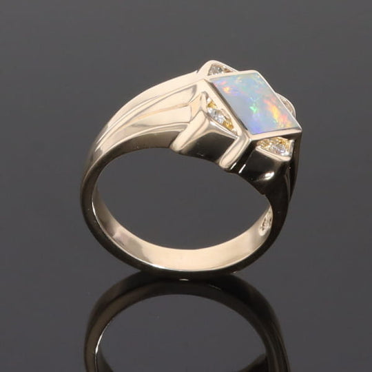 Natural Australian Opal ring diamond shape inlaid design with .16ctw round diamonds