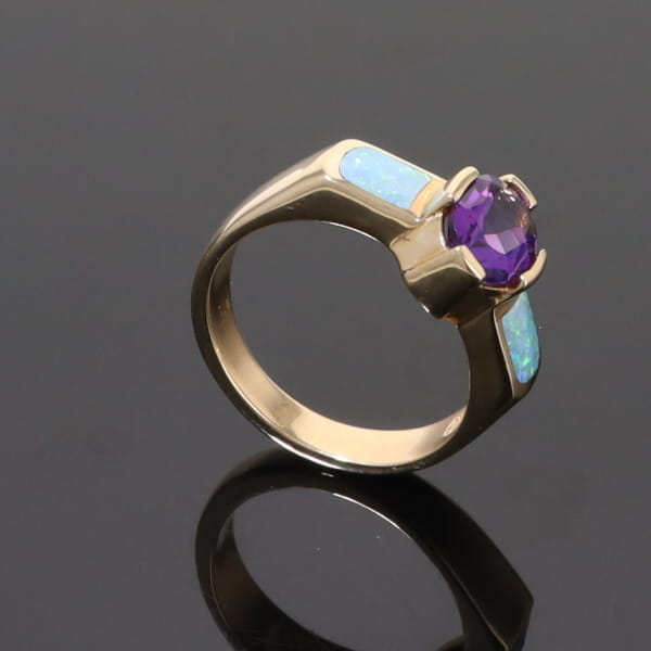 Opal Rings 2 Section Inlaid Design with Oval Amethyst Center