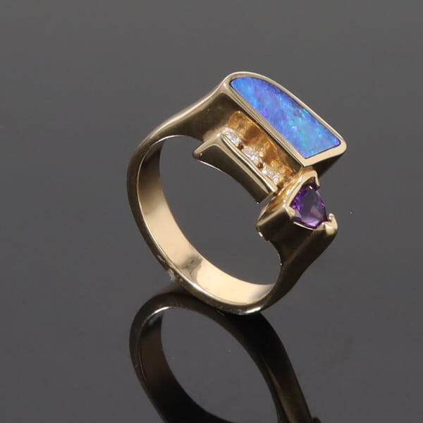 Opal Rings Geometric Inlaid with Amethyst and .08ctw Diamonds
