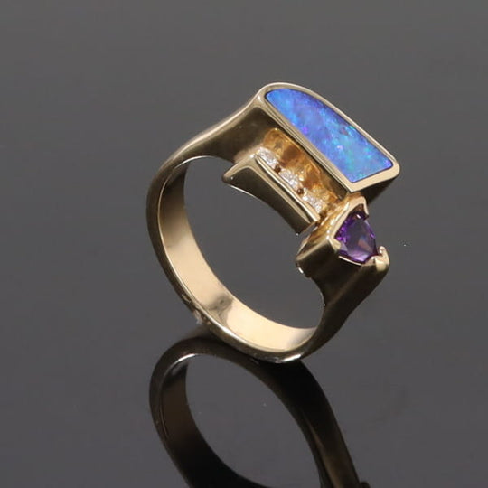 Opal Rings Geometric Inlaid with Amethyst and .08ctw Diamonds