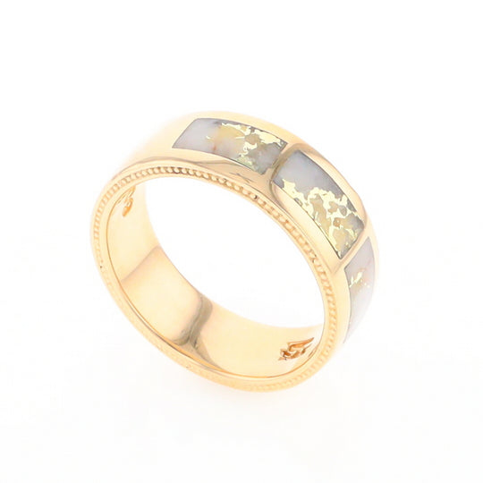 Gold Quartz Ring 3 Section Rectangle Inlaid Band with Milgrain Design