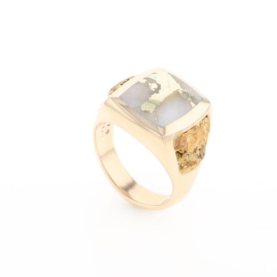 Gold Quartz Ring Double Side Natural Nuggets Rectangle Inlaid Center G1