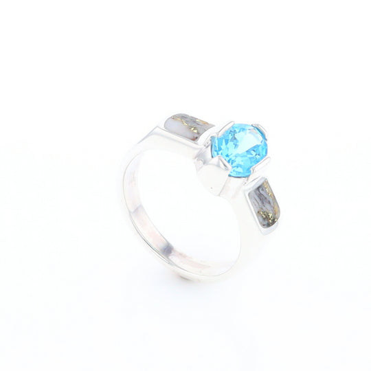 Sterling Silver Gold Quartz Inlaid Oval Blue Topaz Ring - G3