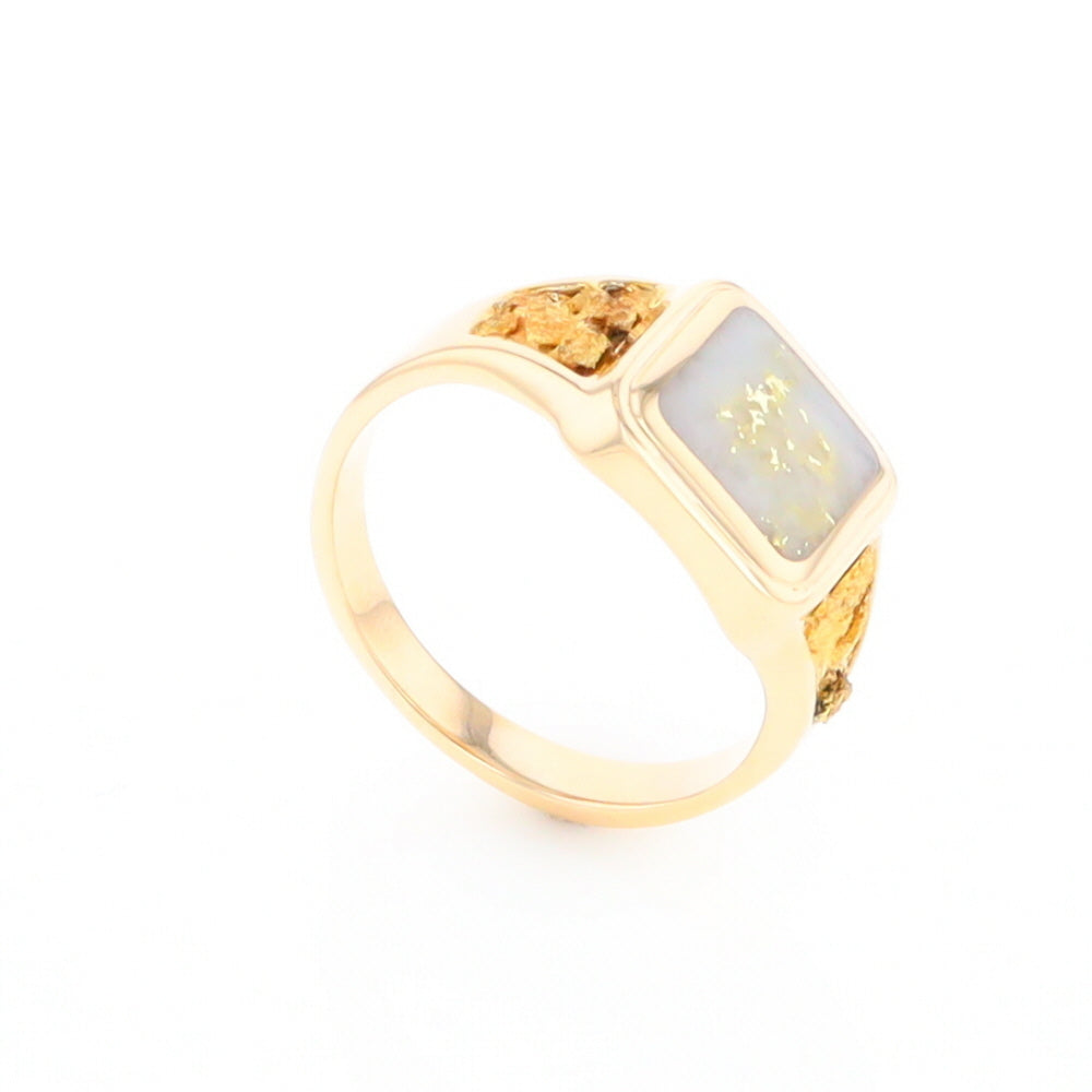 Gold Quartz Ring Square Inlaid Center Design with Natural Nugget Sides