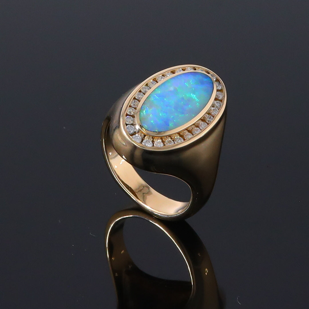 Opal Rings Oval Inlaid Design with .36ctw Round Diamonds Halo