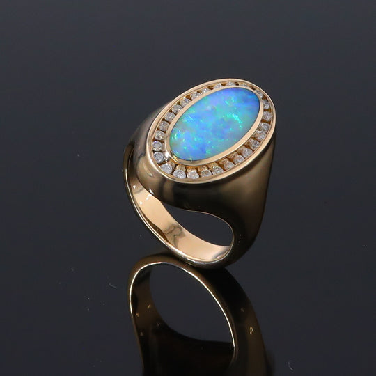 Opal Rings Oval Inlaid Design with .36ctw Round Diamonds Halo