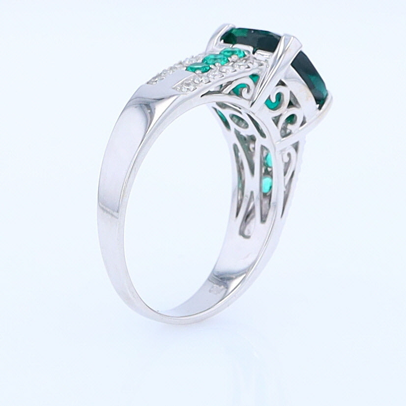 14K White Gold Synthetic Emerald Ring with Diamonds