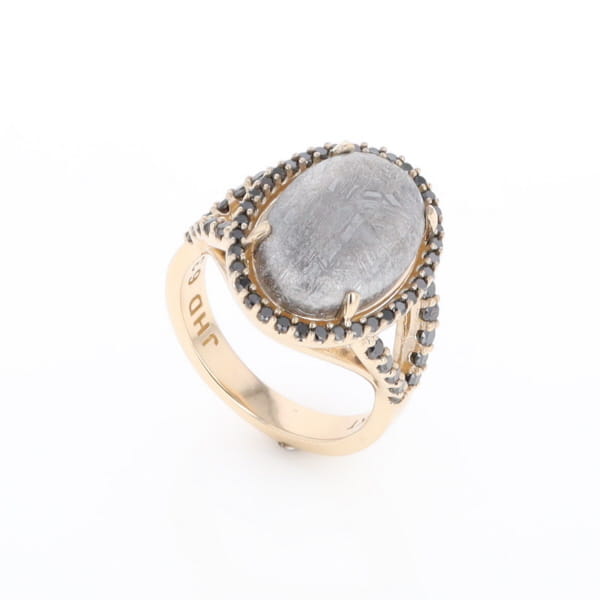 Meteorite Ring Oval Cabochon 0.65ctw Round Black Diamonds Halo