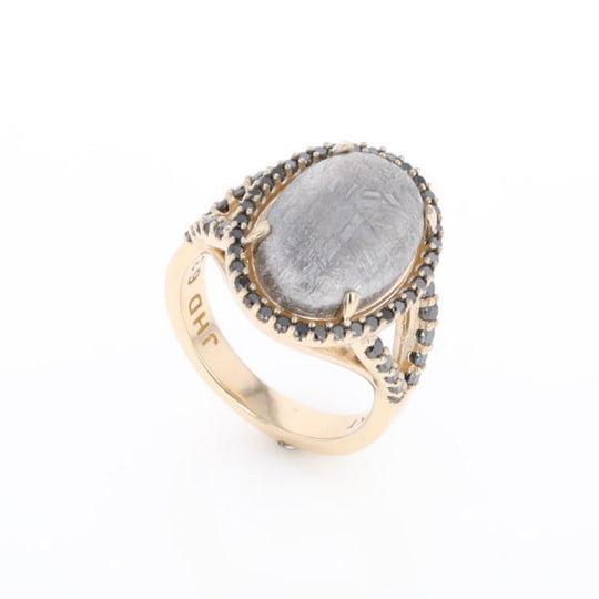 Meteorite Ring Oval Cabochon 0.65ctw Round Black Diamonds Halo