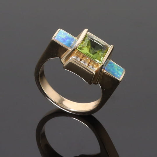 Opal Rings 2 Square Inlaid Peridot with 0.24ctw Diamonds