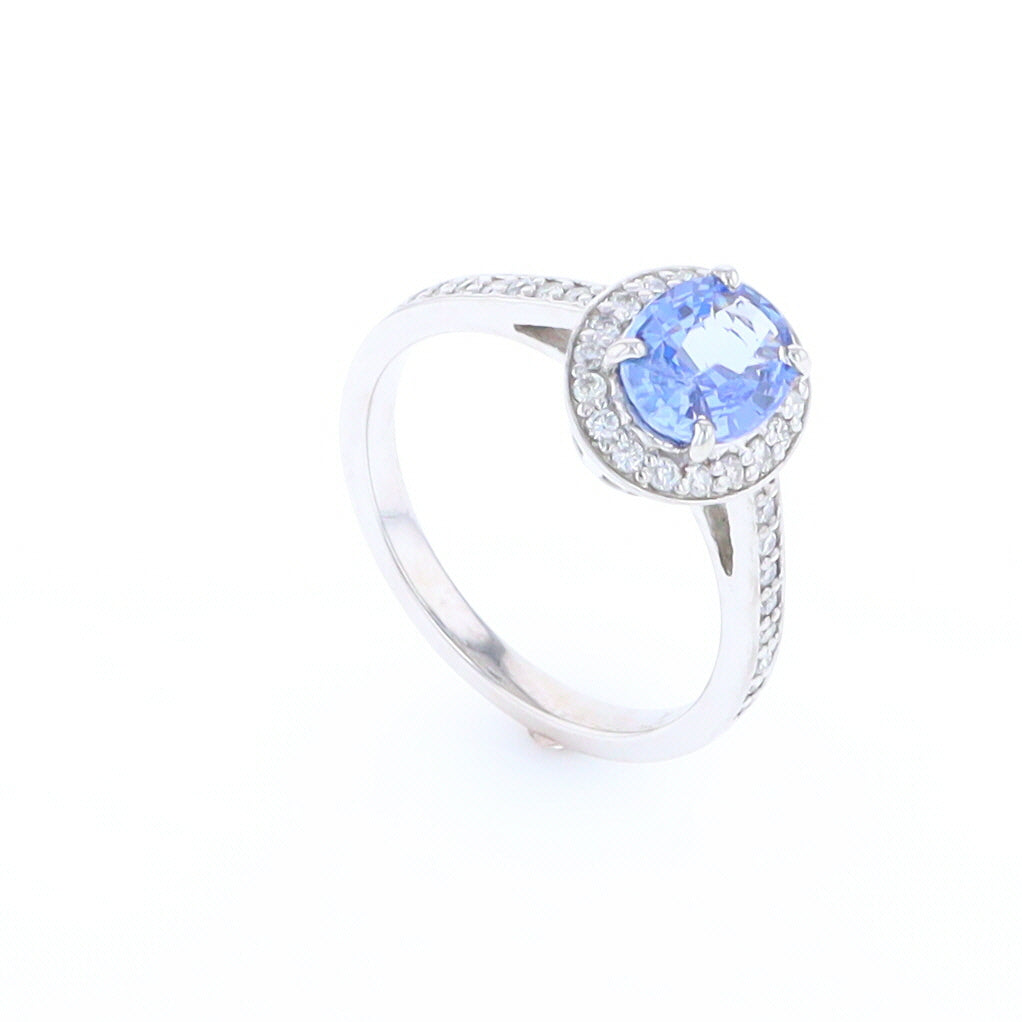 Oval Ceylon Sapphire with Diamond Halo Ring