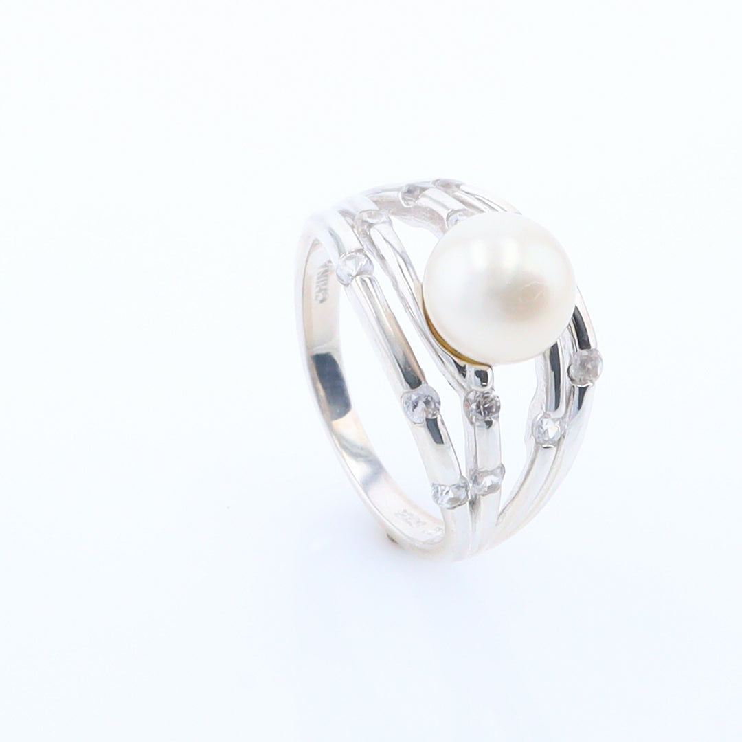 Pearl Bamboo Ring with Cubic Zirconia Accents