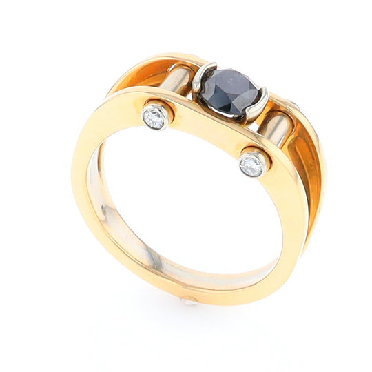 Men's Contemporary White and Yellow Gold Industrial Black Diamond Ring