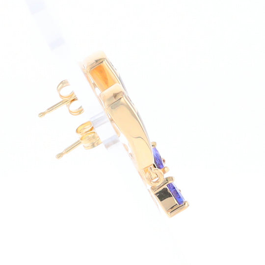 Gold Quartz Earrings Rectangle Inlaid Design with 0.11ct Diamonds & Trillion Cut Tanzanite