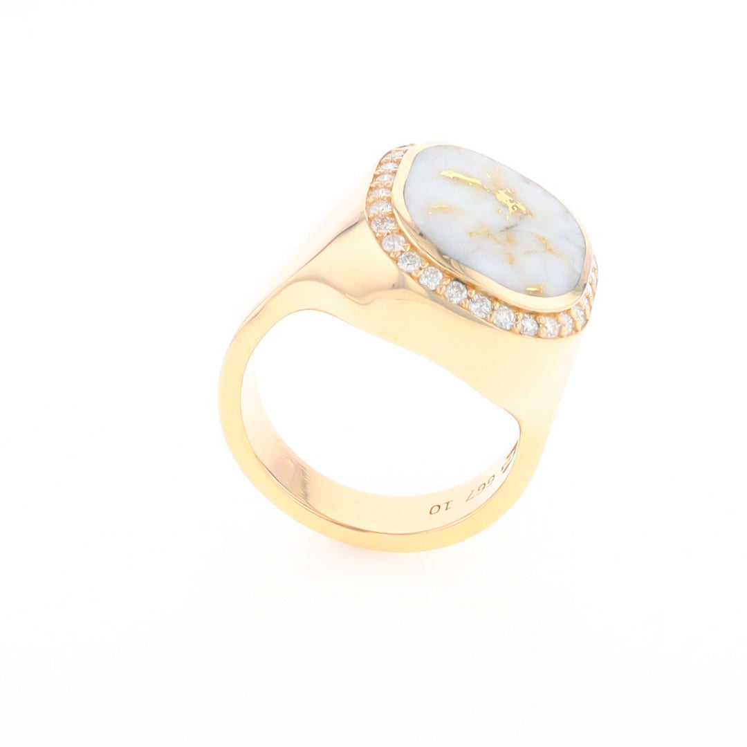 Gold Quartz Cushion Inlaid Men's Ring with Diamond Halo