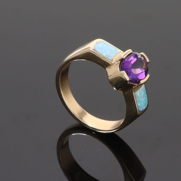 Opal Rings 2 Section Inlaid Design with Oval Amethyst Center