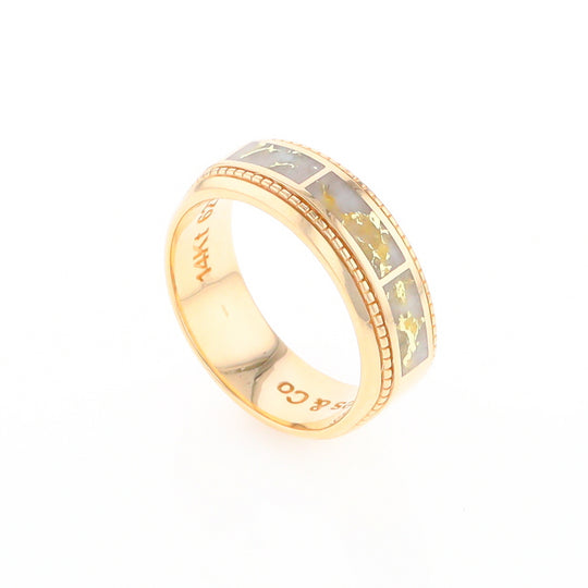 Gold Quartz Ring 3 Section Rectangle Inlaid Milgrain Border Band G1